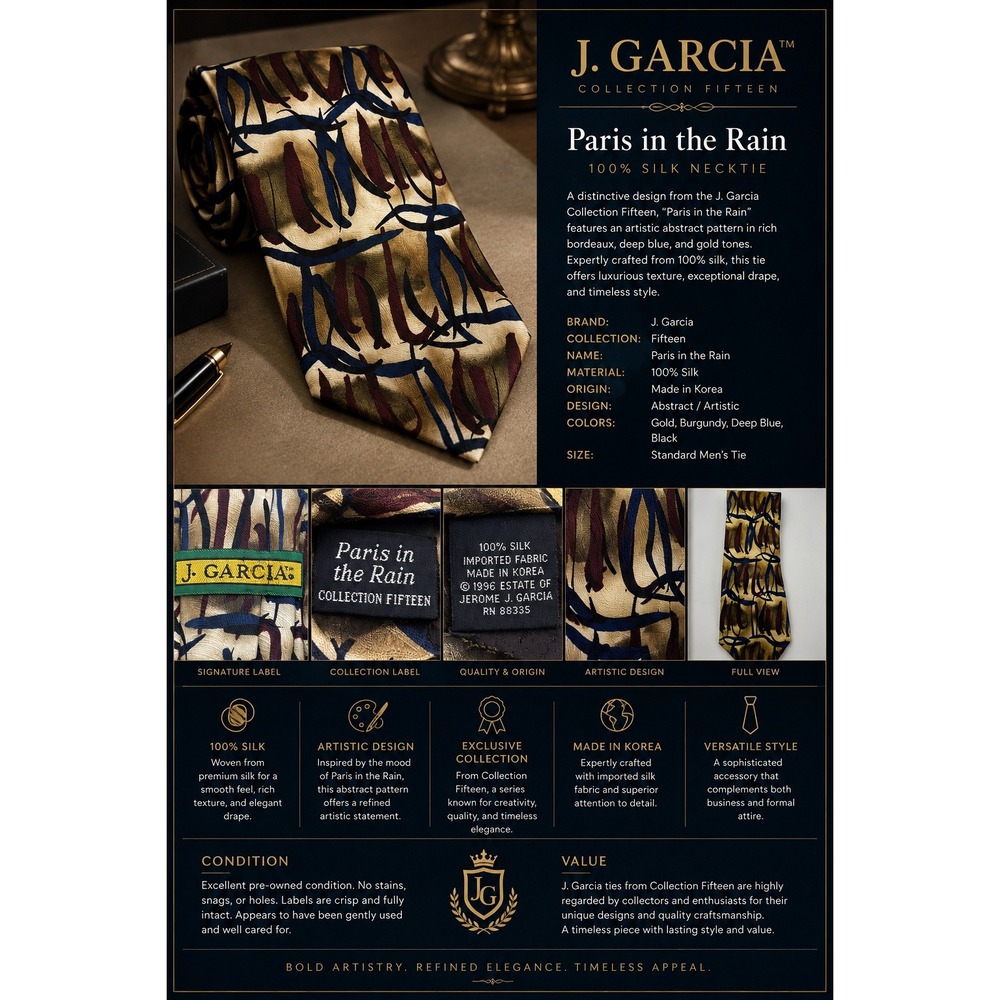J. Garcia Paris in the Rain Silk Tie Collection Fifteen Abstract Gold Blue Red